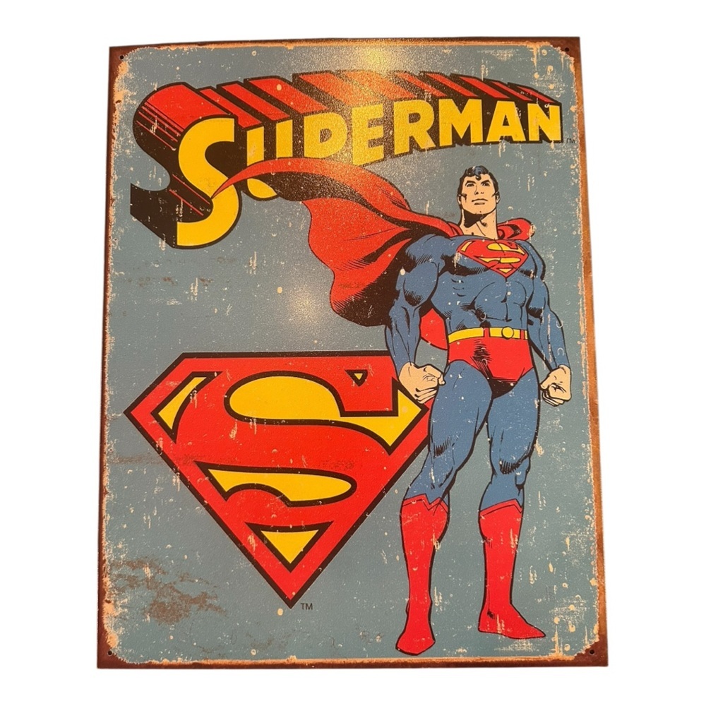 Superman Vintage Metal Sign Red Blue Art & Decals Size 16” x 12.5”